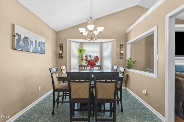 dining room featuring baseboards, lofted ceiling, and a notable chandelier