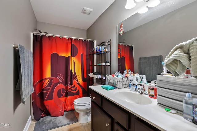 bathroom with tile patterned flooring, visible vents, toilet, a shower with shower curtain, and vanity