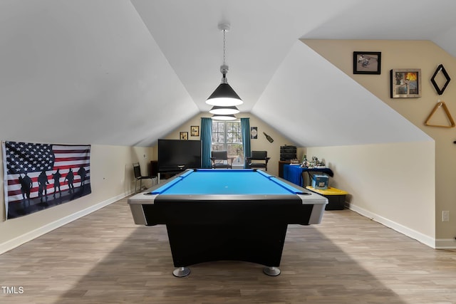 rec room with baseboards, lofted ceiling, wood finished floors, and pool table