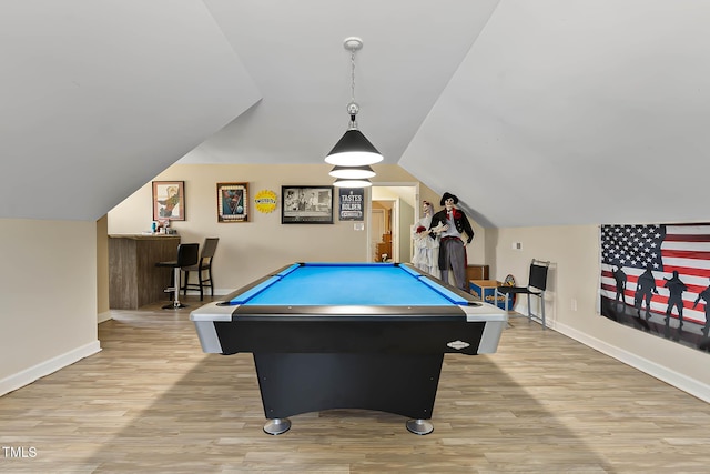 game room with pool table, light wood-style floors, and baseboards