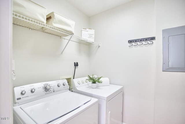 washroom with washer and dryer, laundry area, and electric panel