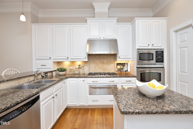 kitchen with under cabinet range hood, a sink, appliances with stainless steel finishes, light wood-type flooring, and a warming drawer