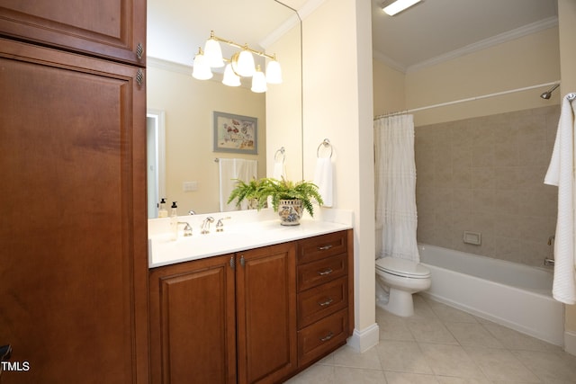 full bathroom featuring toilet, vanity, tile patterned floors, shower / bath combo, and crown molding