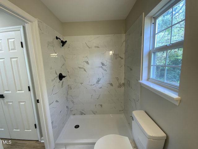 full bathroom with toilet and a stall shower