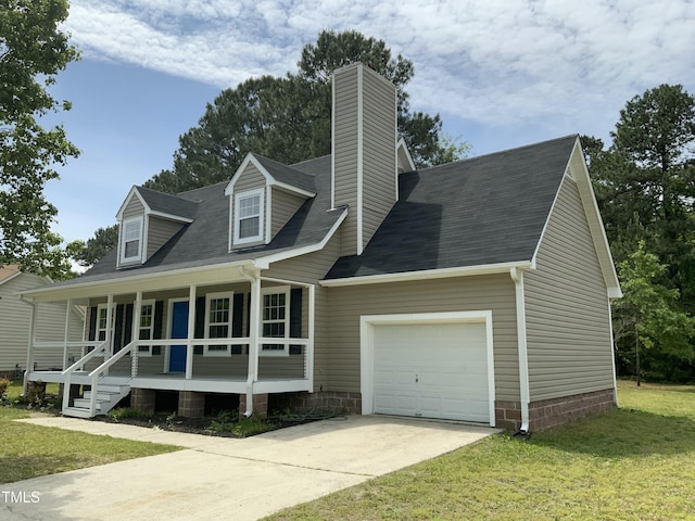 cape cod-style house with a shingled roof, an attached garage, a front lawn, concrete driveway, and covered porch