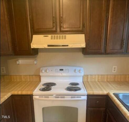 kitchen with a sink, electric stove, light countertops, and under cabinet range hood