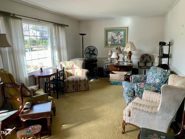 sitting room featuring carpet floors and crown molding