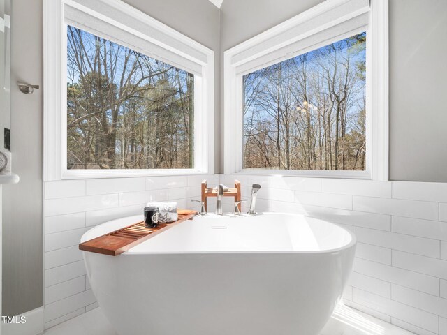 bathroom with a sink, tile walls, and a freestanding tub