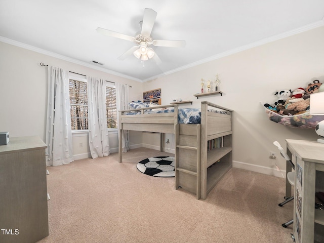 bedroom featuring carpet, baseboards, visible vents, ceiling fan, and ornamental molding