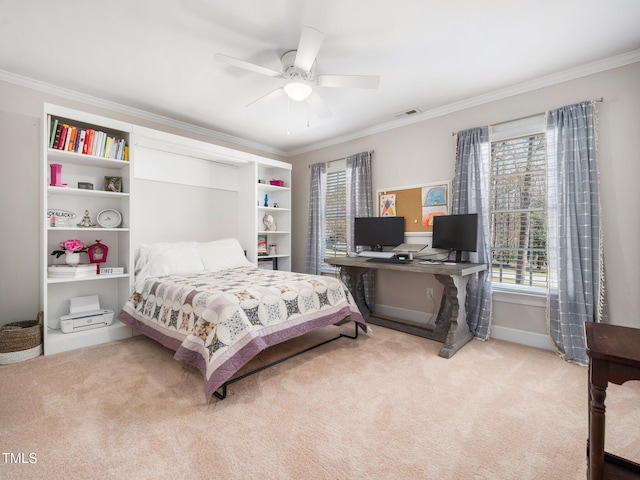 bedroom featuring visible vents, ornamental molding, and carpet flooring