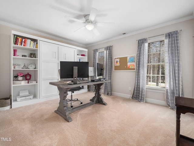 office with ornamental molding and light carpet