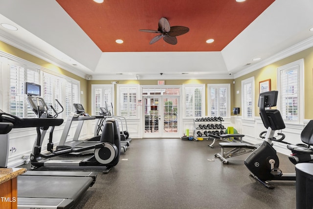 exercise room featuring ornamental molding, a wealth of natural light, and a raised ceiling