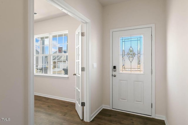 entryway with dark wood-type flooring, a healthy amount of sunlight, and baseboards