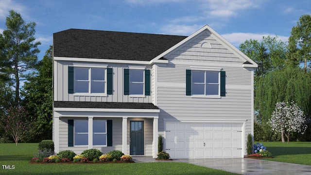 view of front of home featuring an attached garage, driveway, board and batten siding, and a front yard