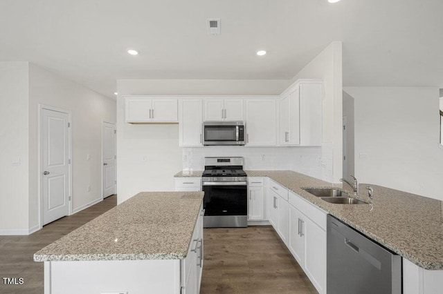 kitchen featuring wood finished floors, a sink, visible vents, appliances with stainless steel finishes, and tasteful backsplash