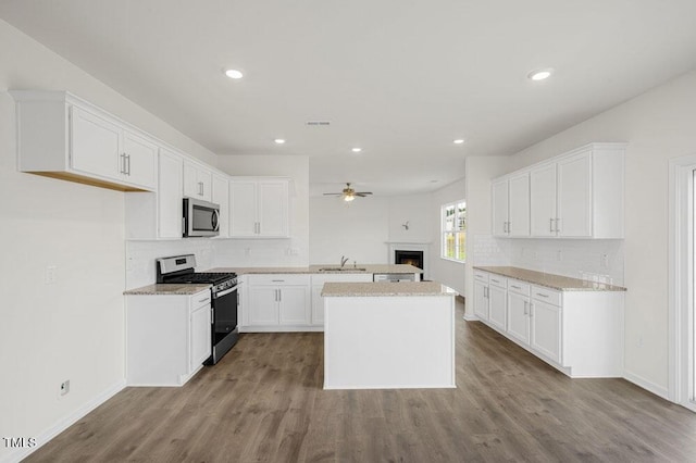 kitchen featuring a lit fireplace, stainless steel appliances, wood finished floors, and a sink