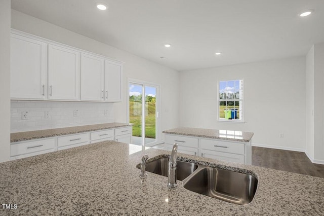 kitchen featuring white cabinets, light stone counters, backsplash, and a sink