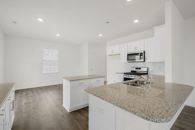 kitchen with stainless steel appliances, a sink, light stone countertops, dark wood-style floors, and tasteful backsplash