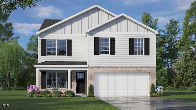 view of front of home featuring driveway, an attached garage, a front lawn, board and batten siding, and brick siding