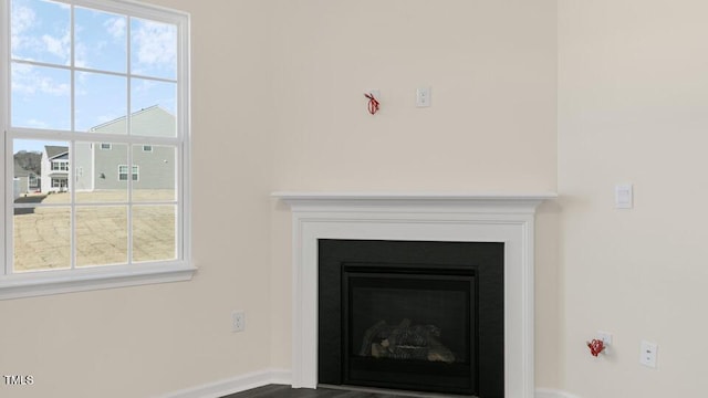 room details featuring a fireplace and baseboards