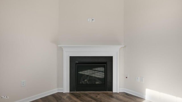 room details with wood finished floors, a glass covered fireplace, and baseboards