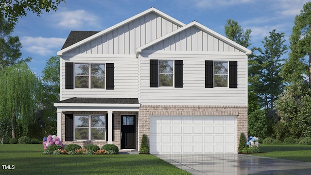 view of front of property with a garage, brick siding, concrete driveway, board and batten siding, and a front yard