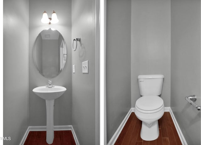 half bath featuring wood finished floors, toilet, and baseboards