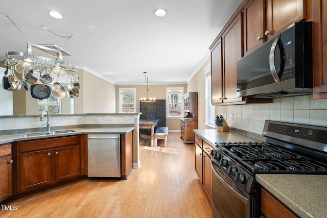 kitchen featuring stainless steel appliances, light wood finished floors, a sink, and crown molding