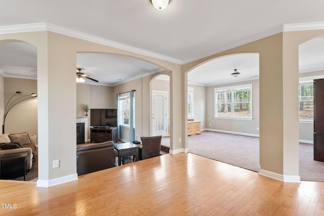 dining area featuring a healthy amount of sunlight, crown molding, wood finished floors, and a glass covered fireplace