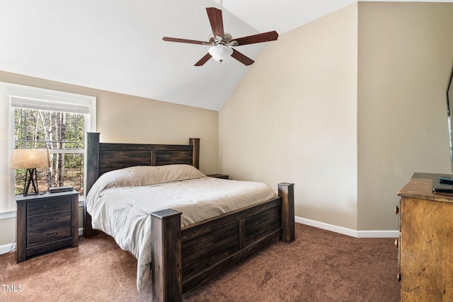 bedroom featuring carpet floors, high vaulted ceiling, a ceiling fan, and baseboards