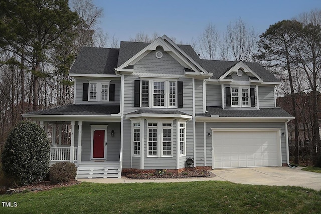 view of front of property featuring an attached garage, covered porch, concrete driveway, roof with shingles, and a front lawn