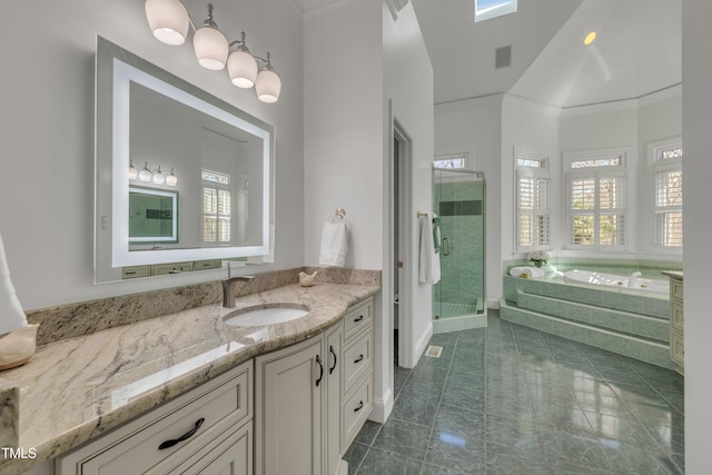 full bath featuring a stall shower, visible vents, ornamental molding, and a bath