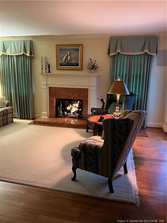 sitting room with hardwood / wood-style floors and a fireplace