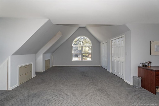 additional living space with carpet, lofted ceiling, and baseboards