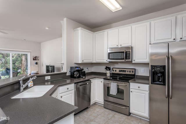 kitchen with a sink, dark countertops, white cabinetry, and stainless steel appliances