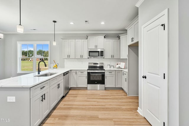 kitchen featuring light wood finished floors, ornamental molding, a peninsula, stainless steel appliances, and a sink