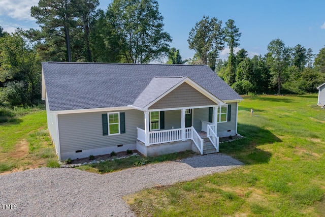 view of front facade featuring a porch, driveway, roof with shingles, crawl space, and a front lawn