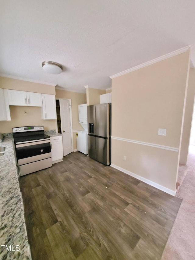 kitchen featuring appliances with stainless steel finishes, white cabinetry, ornamental molding, and dark wood-type flooring