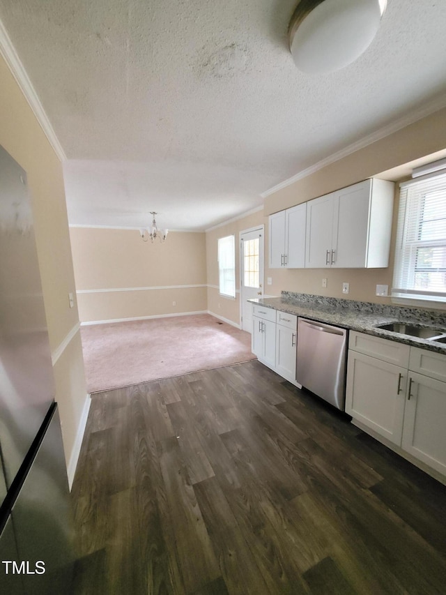 kitchen featuring dark wood-style flooring, crown molding, white cabinetry, a textured ceiling, and dishwasher