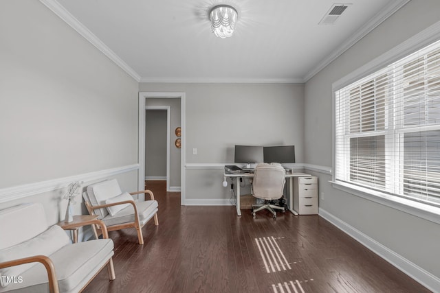 office area featuring baseboards, wood finished floors, and ornamental molding