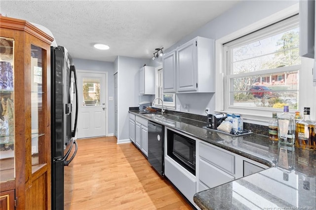 kitchen with a healthy amount of sunlight, black appliances, light wood-style flooring, and a sink