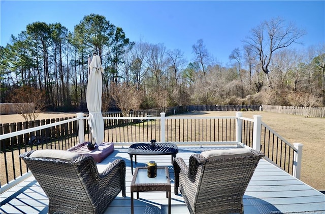 wooden terrace featuring an outdoor hangout area and a fenced backyard