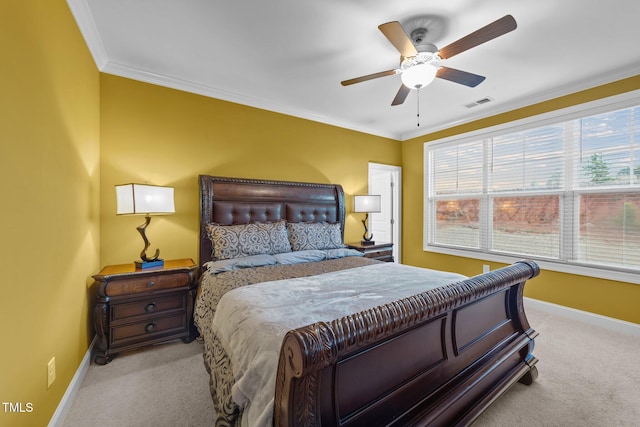 bedroom with baseboards, visible vents, ornamental molding, and light colored carpet