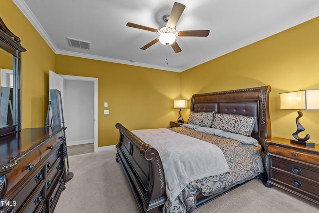 bedroom with ceiling fan, carpet flooring, visible vents, and crown molding