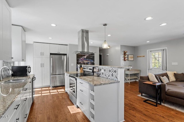 kitchen with appliances with stainless steel finishes, open floor plan, a sink, island range hood, and wood finished floors