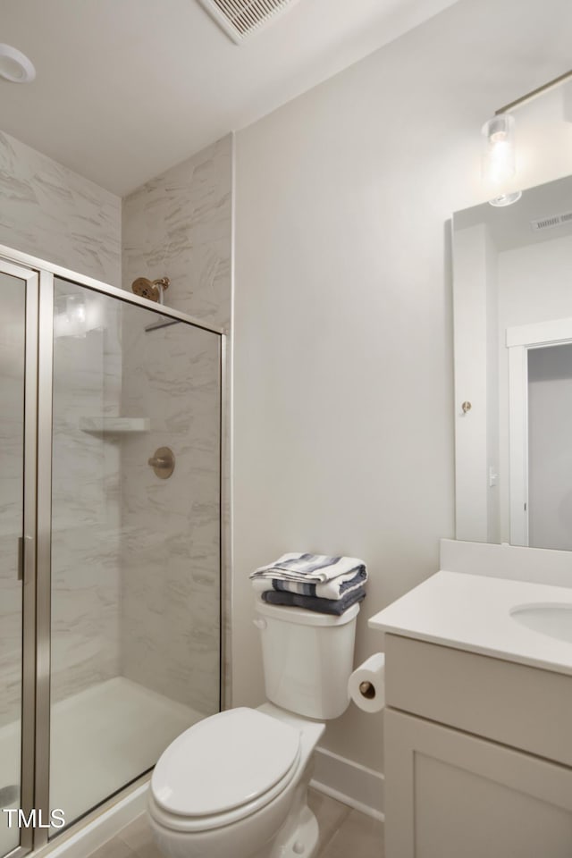 full bath with toilet, vanity, a shower stall, and visible vents