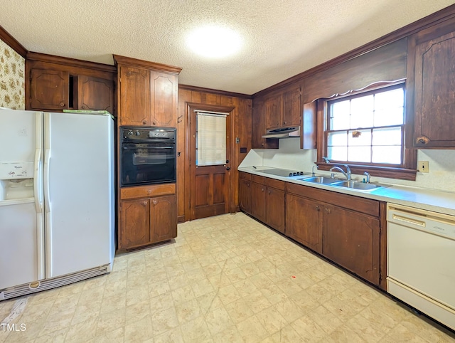 kitchen featuring black appliances, a sink, under cabinet range hood, light countertops, and light floors