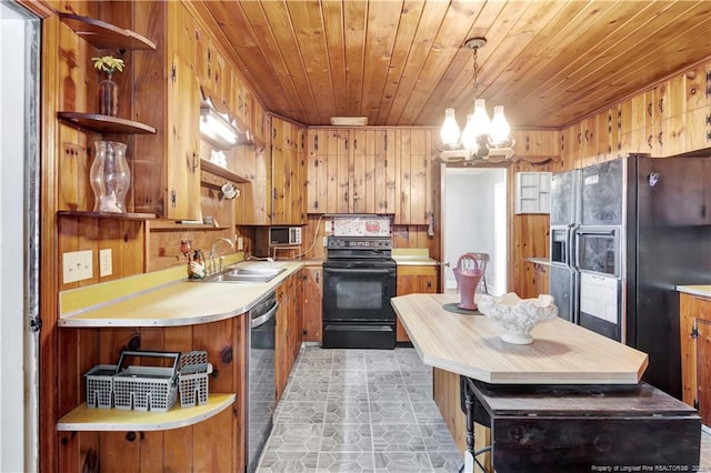 kitchen with open shelves, light countertops, wood ceiling, a sink, and black appliances