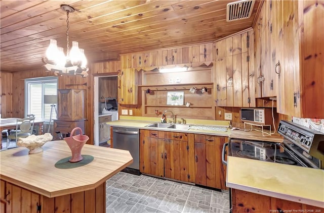 kitchen with range with electric stovetop, visible vents, stainless steel dishwasher, wood walls, and a sink