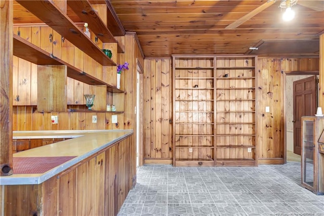 interior space featuring wooden ceiling and wooden walls